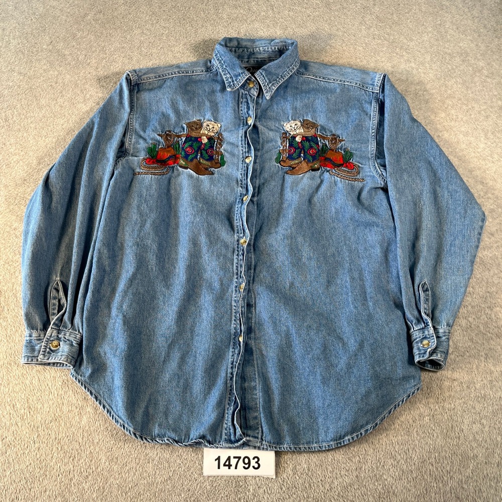 Vintage Quizz Again Denim Shirt Womens Medium Blue Western Cat Catmom Embroidery